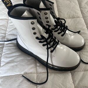 Doc Martens White Patent Lace-Up Combat Boots with Black Trim